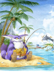 Rule 34 | 2boys, big the cat, blue sky, brown gloves, cloud, day, finik, fishing rod, froggy (sonic), furry, furry male, gloves, highres, holding, holding fishing rod, multiple boys, orca, outdoors, palm tree, sand, shoes, signature, sitting, sky, sonic (series), sonic the hedgehog, tree, water
