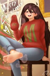 Rule 34 | 1girl, 2023, absurdres, barefoot, blush, cabronpr, christmas tree, crossed legs, denim, feet, foot focus, foot out of frame, hair between eyes, heart, highres, holding, holding clothes, holding footwear, jeans, leg up, long hair, long sleeves, looking at viewer, mari (faraway) (omori), mari (omori), merry christmas, omori, open mouth, pants, parody, red sweater, sitting, slippers, soles, solo, steam, style parody, sweater, teeth, thighs, toes, tongue, unworn slippers, upper teeth only, wooden chair