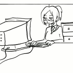 Rule 34 | 1girl, animated, animated gif, breast expansion, breasts, computer, artistic error, glasses, indoors, keyboard (computer), lowres, monochrome, ponytail, solo, what