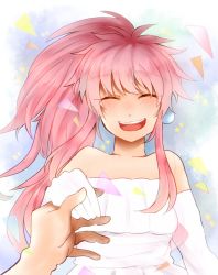 Rule 34 | 1girl, arche klein, blush, disembodied hand, dress, earrings, elbow gloves, gloves, highres, holding hands, jewelry, long hair, open mouth, pink hair, ponytail, smile, tales of (series), tales of asteria, tales of phantasia, to adv, wedding dress, wide ponytail