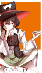 Rule 34 | 1other, alcohol, androgynous, arm on knee, artist request, bare shoulders, black coat, black eyes, black hair, black hat, bow, bowtie, buttons, coat, collarbone, collared shirt, cup, detached sleeves, enraku tsubakura, eye of senri, eye on hat, full body, geta, green skirt, hakama, hakama short skirt, hakama skirt, hand on own cheek, hand on own face, hat, holding, holding cup, japanese clothes, len&#039;en, light frown, long sleeves, looking to the side, non-web source, orange background, other focus, parted lips, purple trim, red bow, red bowtie, red footwear, red hat, sakazuki, sake, shirt, short hair, sitting, skirt, sleeveless, sleeveless coat, sleeveless shirt, socks, solo, source request, tabi, top hat, two-sided fabric, two-sided headwear, two-tone background, white background, white shirt, white sleeves, white socks, wide sleeves