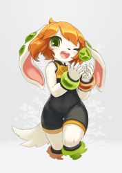 Rule 34 | 1girl, animal ears, bodysuit, bracelet, cube, dog ears, dog tail, eyelashes, freedom planet, freedom planet 2, furry, galaxytrail, green eyes, highres, jewelry, long ears, looking at viewer, milla basset, official art, one eye closed, open mouth, orange hair, short hair, simple background, smile, standing, tail, thighhighs, thighs, tyson tan, wide hips, zettai ryouiki