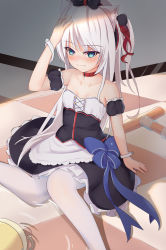 Rule 34 | 1girl, absurdres, apron, arm support, arm up, azur lane, bad id, bad pixiv id, bare shoulders, black bow, black dress, blue bow, blue eyes, bow, breasts, bucket, cat hair ornament, checkered floor, closed mouth, collarbone, commentary request, detached sleeves, dress, fingernails, hair bow, hair ornament, hair ribbon, hammann (azur lane), hand up, highres, long hair, maid, on floor, one side up, pantyhose, puffy short sleeves, puffy sleeves, red ribbon, ribbon, sakutaishi, short sleeves, silver hair, sitting, small breasts, solo, strapless, strapless dress, tears, very long hair, waist apron, water, white apron, white pantyhose, wrist cuffs