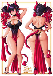 Rule 34 | 1girl, anklet, ass, bikini tan, black hair, bracelet, breasts, butt crack, cleavage, cleavage cutout, clothing cutout, demon horns, demon tail, dress, earrings, gradient eyes, gradient hair, heart cutout, highres, horns, huge breasts, jewelry, long hair, multicolored eyes, multicolored hair, multiple views, original, patreon username, pelvic curtain, red hair, sevie, side ponytail, smile, solo, suco (sevie), tail, tan, tanline, twitter username, watermark, web address