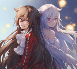 Rule 34 | 2girls, alice (pandora hearts), back-to-back, bare shoulders, blue background, braid, brown hair, choker, commentary, detached sleeves, dress, english commentary, grin, hair between eyes, highres, long hair, looking at viewer, multiple girls, pandora hearts, purple eyes, red dress, ribbon, smile, very long hair, white choker, white dress, white hair, white ribbon, white sleeves, will of the abyss, zieru