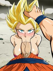 Rule 34 | 10s, 1boy, 1girl, :&gt;=, bare shoulders, blonde hair, blush, breasts, caulifla, clothed sex, darm engine, dragon ball, dragon ball super, fellatio, green eyes, hand on another&#039;s head, hetero, large breasts, looking at viewer, male pubic hair, oral, penis, pov, pubic hair, saiyan, solo focus, son goku, spiked hair, super saiyan, super saiyan 2, tank top, uncensored