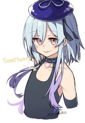 Rule 34 | 1boy, :p, arknights, black collar, black sleeves, black tank top, blue hair, blue hat, blush, collar, collarbone, commentary request, cropped torso, detached sleeves, gradient hair, hair between eyes, hat, infection monitor (arknights), looking at viewer, male focus, mizuki (arknights), multicolored hair, pink eyes, purple hair, short hair with long locks, sidelocks, simple background, solo, tank top, tongue, tongue out, trap, twitter username, upper body, white background, yom (ymayma00ss)