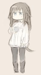 Rule 34 | 1girl, bad id, bad twitter id, black pantyhose, blue eyes, boots, brown hair, chibi, cup, dog tail, elizabeth f. beurling, holding, long hair, long sleeves, lowres, mug, ohashi (hashidate), pantyhose, ribbed sweater, solo, strike witches, sweater, tail, turtleneck, world witches series