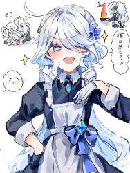Rule 34 | 1girl, adapted costume, ahoge, apron, blue bow, blue dress, blue eyes, blue gemstone, blue hair, blush, bow, brooch, cooking, dress, furina (genshin impact), gem, genshin impact, gloves, hair bow, jewelry, long hair, long sleeves, maid, maid headdress, multicolored hair, multiple views, one eye closed, open mouth, shinoo0915, simple background, smile, streaked hair, tripping, very long hair, waist bow, white apron, white background, white gloves, white hair