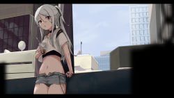 Rule 34 | 0shino, 1girl, black choker, check copyright, choker, copyright request, cowboy shot, crop top, crop top overhang, cup, cutoffs, day, drinking glass, drinking straw, grey shorts, hair between eyes, hair ribbon, highres, holding, jewelry, letterboxed, long hair, looking at viewer, midriff, navel, open fly, original, parted lips, ponytail, red eyes, ribbon, ring, shirt, short shorts, short sleeves, shorts, sidelocks, silver hair, solo, standing, stomach, thighs, undershirt, white shirt, wide shot