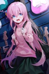 Rule 34 | 1girl, @ @, artist name, black bag, blue eyes, blush, bocchi the rock!, commentary, corf guitars, cowboy shot, crying, crying with eyes open, cube hair ornament, drooling, electric guitar, english text, eyelashes, gotoh hitori, grey skirt, guitar, guitar case, hair between eyes, hair ornament, hands up, holding, indoors, instrument, instrument case, jacket, jinbin825, long hair, long sleeves, looking at viewer, mouth drool, one side up, open mouth, pink hair, pink jacket, pleated skirt, price tag, raised eyebrows, scared, sidelocks, signature, skirt, solo, standing, tears, tongue, track jacket, very long hair, watermark, wavy mouth, zipper