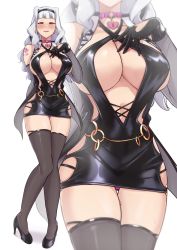Rule 34 | 1girl, black footwear, black gloves, bodycon, breasts, cleavage, collar, commentary request, corruption, detached sleeves, earrings, gloves, grey hair, hairband, heart, heart collar, heart earrings, high heels, highres, idolmaster, idolmaster (classic), jewelry, large breasts, multiple views, panties, panty peek, red eyes, revealing clothes, shijou takane, shoulder tattoo, tattoo, thighhighs, twogie, underwear