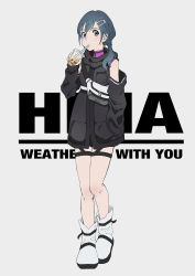 Rule 34 | 1girl, absurdres, amano hina (tenki no ko), text background, black eyes, black hair, black jacket, black sleeves, boots, bubble tea, carrying, character name, commentary, cup, detached sleeves, disposable cup, drinking, drinking straw, earrings, english commentary, english text, fanny pack, full body, grey background, hair ornament, hairclip, hand in pocket, highres, holding, holding cup, jacket, jewelry, looking at viewer, low twintails, medium hair, nishimoto yuri, purple skirt, simple background, skirt, sleeveless, sleeveless jacket, solo, standing, stud earrings, tenki no ko, thigh strap, twintails, white footwear