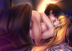 Rule 34 | 1boy, 1girl, akeyama kitsune, azur lane, bed, blonde hair, breasts, choker, commander (azur lane), eye contact, french kiss, hand on another&#039;s head, happy sex, hetero, hug, implied sex, kiss, large breasts, long hair, looking at another, missionary, north carolina (azur lane), nude, on bed, pillow, sex, sweat, under covers