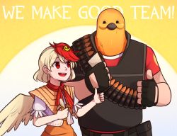 Rule 34 | 1boy, 1girl, :d, banana, bandolier, bird, blonde hair, chick, commentary, crossover, english commentary, english text, feathered wings, fingerless gloves, food, fruit, gloves, heavy (tf2), multicolored hair, niwatari kutaka, open mouth, puffy short sleeves, puffy sleeves, red eyes, red hair, red heavy (tf2), sandwich, short hair, short sleeves, simple background, smile, speckticuls, team fortress 2, thumbs up, touhou, two-tone hair, wings