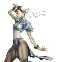 Rule 34 | 1girl, black pantyhose, blue dress, breasts, brown eyes, bun cover, capcom, china dress, chinese clothes, chun-li, commentary, cypressdahlia, double bun, dress, earrings, english commentary, from side, frown, hair behind ear, hair bun, hand on own head, highres, jewelry, medium breasts, open hand, open hands, pantyhose, short sleeves, solo, spiked necklace, street fighter, v-shaped eyebrows, white background