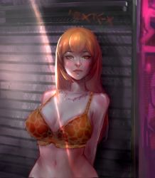 Rule 34 | 1girl, aokoto, arms behind back, breasts, brown eyes, crop top, day, expressionless, eyelashes, graffiti, highres, jewelry, joy (shenmue), large breasts, light blush, light rays, lips, long hair, looking at viewer, makeup, midriff, navel, necklace, orange hair, outdoors, patterned clothing, sega, shenmue, shenmue ii, sidelocks, solo, standing, yellow crop top