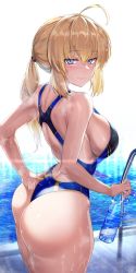 Rule 34 | 1girl, ahoge, alternate breast size, alternate costume, artoria pendragon (all), artoria pendragon (fate), ass, blonde hair, blue eyes, blue one-piece swimsuit, blush, bottle, breasts, competition swimsuit, fate/grand order, fate/stay night, fate (series), highres, hirasawa seiji, huge ass, large breasts, looking at viewer, low ponytail, one-piece swimsuit, ponytail, pool, poolside, saber (fate), short ponytail, sideboob, sidelocks, smile, solo, swimsuit, thick thighs, thighs, two-tone swimsuit, water bottle, water drop, wet, wet clothes, wet swimsuit