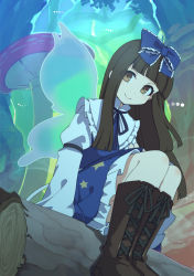 Rule 34 | 1girl, black hair, blue bow, blue dress, blunt bangs, blush, boots, bow, brown eyes, brown footwear, closed mouth, cross-laced footwear, dress, fairy wings, hair bow, highres, knee boots, lace-up boots, log, long hair, long sleeves, mushroom, nurupo (abooon), sitting, smile, solo, star (symbol), star print, star sapphire, touhou, wings