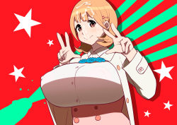 Rule 34 | 10s, 1girl, blonde hair, breasts, collared shirt, cum, cum on hair, double v, ejaculation, covered erect nipples, facial, hair ornament, hairclip, huge breasts, long sleeves, looking at viewer, narusawa ryouka, occultic;nine, penis, puffy nipples, shirt, short hair, simple background, solo, standing, star (symbol), tetrodotoxin, upper body, v, yellow eyes