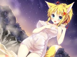 Rule 34 | 10s, 1girl, :d, animal ears, blonde hair, blush, breasts, dog days, covered erect nipples, fox ears, fox tail, green eyes, hair ornament, hair ribbon, hair stick, hill, leaf, maple leaf, naked towel, night, night sky, open mouth, ponytail, ribbon, short hair, sky, smile, soaking feet, solo, star (sky), starry sky, tail, tateha (marvelous grace), towel, wading, water, yukikaze panettone