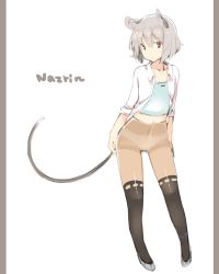 Rule 34 | 1girl, akagashi hagane, alternate costume, animal ears, black pantyhose, brown pantyhose, character name, full body, grey hair, jacket, long sleeves, looking at viewer, midriff, mouse ears, mouse tail, navel, nazrin, no pants, open clothes, open jacket, panties, panties under pantyhose, pantyhose, red eyes, shirt, shoes, short hair, simple background, solo, tail, text focus, touhou, underwear, white background