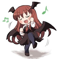 Rule 34 | 1girl, :d, bat wings, beamed sixteenth notes, black footwear, black pantyhose, black skirt, black vest, black wings, blush, chibi, clenched hands, closed eyes, collared shirt, commentary request, dancing, dress shirt, eighth note, head wings, koakuma, long hair, long sleeves, musical note, necktie, no nose, open mouth, pantyhose, red hair, red necktie, rokugou daisuke, shirt, sidelocks, skirt, smile, solo, standing, standing on one leg, touhou, u u, very long hair, vest, white shirt, wings