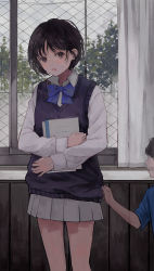 Rule 34 | 1boy, 1girl, :o, absurdres, black hair, black sweater vest, blue bow, blue neckwear, blush, book, bow, bowtie, brown eyes, child, commentary, curtains, dress shirt, fog, ghost, grey sky, hair strand, head tilt, height difference, highres, holding, holding book, indoors, long sleeves, looking at viewer, maoyasumisumi, messy hair, open mouth, original, pleated skirt, power lines, school uniform, shirt, short hair, skirt, sky, solo focus, standing, sweatdrop, sweater vest, sweater vest tug, translucent, tree, utility pole, wainscoting, white shirt, white skirt, window