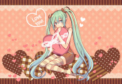 Rule 34 | 1girl, bad id, bad pixiv id, diagonal stripes, english text, green eyes, green hair, hatsune miku, heart, heart-shaped pillow, hugging object, io (polastar62), long hair, matching hair/eyes, md5 mismatch, pillow, pillow hug, plaid, polka dot, skirt, smile, solo, string, string of fate, striped clothes, striped thighhighs, thighhighs, twintails, vertical stripes, very long hair, vocaloid