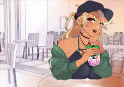 Rule 34 | 1girl, artist request, baseball cap, blonde hair, blush, breast press, breast rest, breasts, breasts on table, cleavage, dark-skinned female, dark skin, drinking, earrings, female focus, hair between eyes, hat, jewelry, large breasts, looking at viewer, ouga saki, ponytail, shiny skin, smile, solo, table, upper body, virtual youtuber