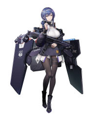 Rule 34 | 1girl, ankle boots, ballistic shield, bare shoulders, black footwear, boots, braid, breasts, brown pantyhose, bullpup, closed mouth, double-barreled shotgun, dp-12 (girls&#039; frontline), drone, fingernails, full body, girls&#039; frontline, gun, hairband, hand up, highres, holding, holding gun, holding weapon, jacket, large breasts, legband, long hair, looking at viewer, multiple-barrel firearm, nail polish, pandea work, pantyhose, pink nails, pump-action shotgun, pump action, purple hair, purple jacket, purple skirt, shield, shirt, shotgun, side-by-side-barreled shotgun, simple background, skirt, smile, solo, standard manufacturing dp-12, unmanned aerial vehicle, vertical forward grip, weapon, white background, white hairband, white shirt