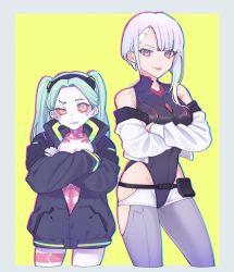 Rule 34 | 2girls, asymmetrical hair, black jacket, black leotard, blonde hair, breasts, closed mouth, colored sclera, cropped jacket, cropped legs, crossed arms, cyberpunk (series), cyberpunk edgerunners, cyborg, gradient hair, green hair, height difference, highres, jacket, kome 1022, leotard, long hair, long sleeves, looking at viewer, lucy (cyberpunk), medium breasts, multicolored hair, multiple girls, pink hair, purple eyes, rebecca (cyberpunk), red sclera, short hair, simple background, tattoo, twintails, white jacket