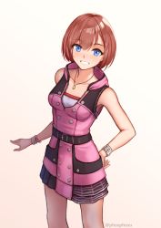 Rule 34 | 1girl, bare shoulders, belt, black belt, black dress, blue eyes, blush, breasts, buttons, cowboy shot, double-breasted, dress, from above, grin, hand on own ass, happy, highres, jewelry, kairi (kingdom hearts), kingdom hearts, kingdom hearts iii, looking at viewer, looking up, medium breasts, medium hair, necklace, outstretched hand, phos, pink dress, red hair, sleeveless, sleeveless dress, small breasts, smile, solo, two-tone dress