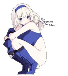 Rule 34 | 1girl, 2015, absurdres, bad id, bad twitter id, bare shoulders, birthday, black gloves, black socks, blue footwear, blush, boots, bottomless, breasts, cross-laced footwear, dated, female focus, fingerless gloves, full body, gloves, hairband, highres, knee boots, kneehighs, knees to chest, korean text, lace-up boots, large breasts, len (a-7), looking at viewer, low twintails, shirt, simple background, sleeveless, sleeveless shirt, socks, solo, squatting, twintails, white background, white hair
