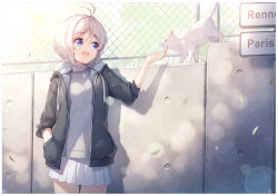 Rule 34 | .live, 1girl, ahoge, animal, antenna hair, blue eyes, cat, day, hand in pocket, hand up, highres, jacket, nijihashi sora, open mouth, outdoors, page number, pleated skirt, shadow, short hair, simple background, dennou shoujo siro, skirt, solo, standing, sunlight, turtleneck, virtual youtuber, white hair, white skirt