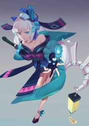 Rule 34 | 1girl, aoandon, bad leg, bare shoulders, black gloves, blue eyes, blue lips, blue nails, elbow gloves, full body, gloves, hair ornament, highres, lantern, lipstick, long hair, makeup, nail polish, onmyoji, onmyouji, ossi, outstretched hand, solo, staff, standing, standing on one leg, very long hair, white hair