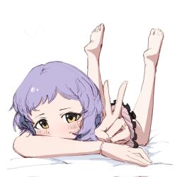 Rule 34 | 1girl, barefoot, bed, bed sheet, blush, bracelet, camisole, commentary, feet up, hand up, head on arm, highres, idolmaster, idolmaster million live!, jewelry, legs, looking at viewer, lying, makabe mizuki, on stomach, pink camisole, purple hair, sekies (gbs2001), short hair, sidelocks, solo, the pose, v, wavy hair, white background, yellow eyes