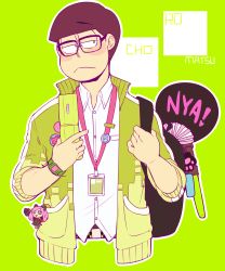Rule 34 | 10s, 1boy, :&lt;, bespectacled, blush stickers, brown hair, buttons, cat paw, cellphone, character name, glasses, glowstick, green eyes, half-closed eyes, hand fan, hashimoto nyaa, highres, jacket, looking away, male focus, matsuno choromatsu, nyaph, open clothes, open jacket, osomatsu-kun, osomatsu-san, phone, solo, watch, wristwatch