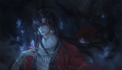 Rule 34 | 1boy, absurdres, artist name, black hair, black nails, bracelet, bug, butterfly, dark background, dreamingpool, facing viewer, hair over one eye, highres, hua cheng, insect, jewelry, long hair, long neck, male focus, nail polish, red eyes, ring, solo, tianguan cifu, watermark