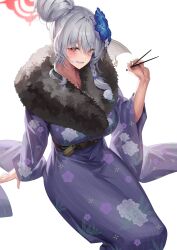 Rule 34 | 1girl, absurdres, blue archive, blue flower, blush, braid, chopsticks, flower, fur-trimmed kimono, fur trim, grey hair, grin, hair flower, hair ornament, halo, haruna (blue archive), haruna (new year) (blue archive), highres, holding, holding chopsticks, japanese clothes, kimono, long hair, long sleeves, looking at viewer, official alternate costume, purple kimono, red eyes, red halo, side braid, simple background, smile, solo, white background, wide sleeves, yamanokami eaka
