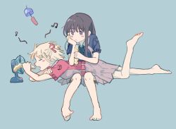Rule 34 | 2girls, barefoot, beamed eighth notes, black hair, blonde hair, blue background, blue dress, blush stickers, closed eyes, commentary, dress, eighth note, electric fan, full body, hashtag-only commentary, highres, holding, inoue takina, long hair, lycoris recoil, lycoris uniform, lying, lying on lap, lying on person, medium hair, multiple girls, musical note, nishikigi chisato, on stomach, open mouth, purple eyes, red dress, simple background, sitting, uud45gaotrcvkfg