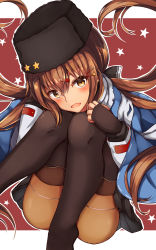 Rule 34 | 1girl, blush, breasts, brown eyes, brown hair, brown pantyhose, capelet, fingerless gloves, fur hat, gloves, hair between eyes, hair ornament, hairclip, hat, highres, kantai collection, knees to chest, long hair, long sleeves, looking at viewer, natsu narumi, pantyhose, papakha, red background, shirt, skirt, small breasts, smile, solo, tashkent (kancolle), thighs, twintails