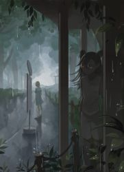 Rule 34 | 1boy, 1girl, bus stop, highres, horns, nature, original, pointy ears, rain, standing, tensen (dotted line), tree