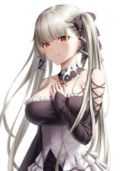 Rule 34 | 1girl, azur lane, black dress, blush, breasts, closed mouth, collarbone, dress, earrings, formidable (azur lane), hair ribbon, hand on own chest, highres, jewelry, large breasts, long hair, looking at viewer, naga (pixiv70891418), platinum blonde hair, red eyes, ribbon, smile, solo, standing, twintails, white background