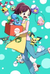 Rule 34 | 1girl, apron, azurill, blue pants, box, brown eyes, brown hair, budew, casteliacone, chingling, cleffa, commentary request, creatures (company), deerakakikaki, dreepy, drifloon, food on clothes, game freak, gen 2 pokemon, gen 3 pokemon, gen 4 pokemon, gen 5 pokemon, gen 8 pokemon, green background, hair ornament, hair tie, hairclip, holding, holding box, igglybuff, looking back, nintendo, nursery aide (pokemon), open mouth, pants, pichu, pink shirt, poke ball, poke ball (basic), poke ball print, pokemon, pokemon (creature), pokemon bw, pokemon on leg, ponytail, shirt, snom, solosis, togepi, tongue, yellow apron