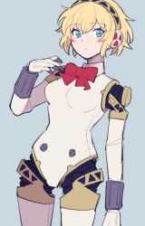 Rule 34 | 1girl, aegis (persona), android, blonde hair, blue eyes, blush, bow, bowtie, closed mouth, detached collar, do m kaeru, grey background, hair between eyes, hairband, headphones, looking at viewer, persona, persona 3, red bow, red bowtie, robot ears, short hair, simple background, solo