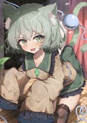 Rule 34 | 1girl, :3, absurdres, animal ear fluff, animal ears, black thighhighs, blush, breasts, buttons, cat ears, cat girl, cat tail, commentary request, dfra, diamond button, eyeball, frilled shirt collar, frilled sleeves, frills, green eyes, green hair, green skirt, heart, heart-shaped pupils, heart of string, highres, indoors, kemonomimi mode, komeiji koishi, light particles, looking at viewer, medium hair, open mouth, shirt, skirt, sleeves past fingers, sleeves past wrists, solo, symbol-shaped pupils, tail, thighhighs, third eye, touhou, wide sleeves, wooden floor, yellow shirt