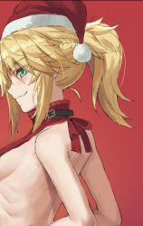 Rule 34 | 1girl, arched back, bare arms, bare shoulders, blonde hair, braid, breasts, fate/apocrypha, fate (series), from side, green eyes, hat, highres, long hair, looking at viewer, looking to the side, meme attire, mordred (fate), mordred (fate/apocrypha), ponytail, profile, red background, red sweater, santa hat, sideboob, simple background, small breasts, smile, solo, sweater, teeth, tonee, virgin killer sweater