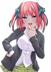 Rule 34 | 1girl, :d, absurdres, black cardigan, black ribbon, blue eyes, blunt bangs, blush, breasts, butterfly hair ornament, cardigan, collared shirt, commentary request, contrapposto, cowboy shot, go-toubun no hanayome, green skirt, hair ornament, hair ribbon, hand on own hip, hand to own mouth, highres, huge filesize, large breasts, long sleeves, looking at viewer, multicolored nails, nail polish, nakano nino, open cardigan, open clothes, open mouth, pink hair, pleated skirt, ribbon, school uniform, shirt, short hair, sidelocks, simple background, skirt, slope (check238), smile, solo, standing, taut clothes, taut shirt, teeth, two side up, v over mouth, white background, white shirt
