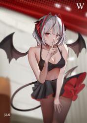 Rule 34 | 1girl, absurdres, antennae, arknights, bare arms, bare shoulders, black bra, black skirt, blurry, blurry background, bra, character name, chinese commentary, commentary request, cowboy shot, demon tail, demon wings, hand up, highres, horns, huge filesize, index finger raised, looking at viewer, miniskirt, pantyhose, parted lips, pleated skirt, red eyes, short hair, silver hair, skirt, smile, solo, standing, stomach, tail, thighs, underwear, w (arknights), wings, xgbghost